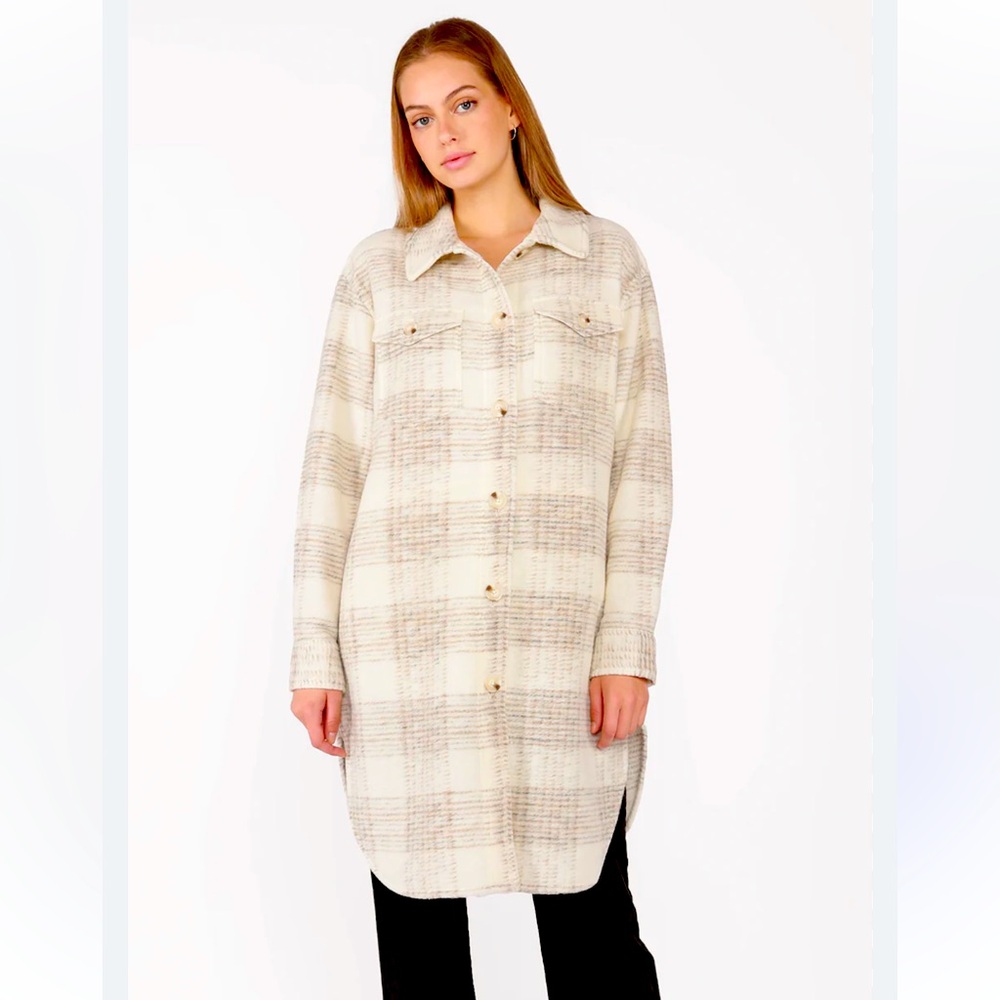 NEW Black Tape_ Tan white Plaid Brushed Wool Shacket Sz XL
